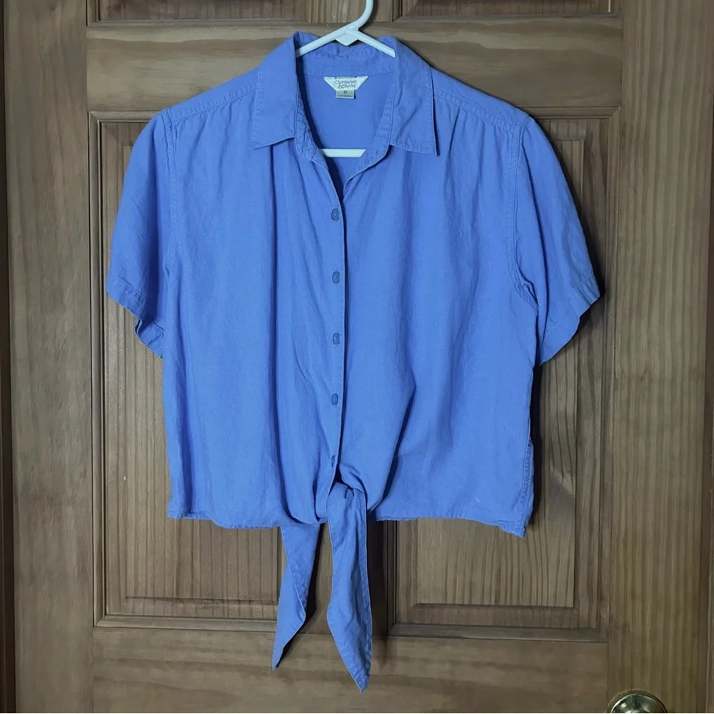 Women's Blue Button-Up Tie-Front Top - Picture 2 of 7